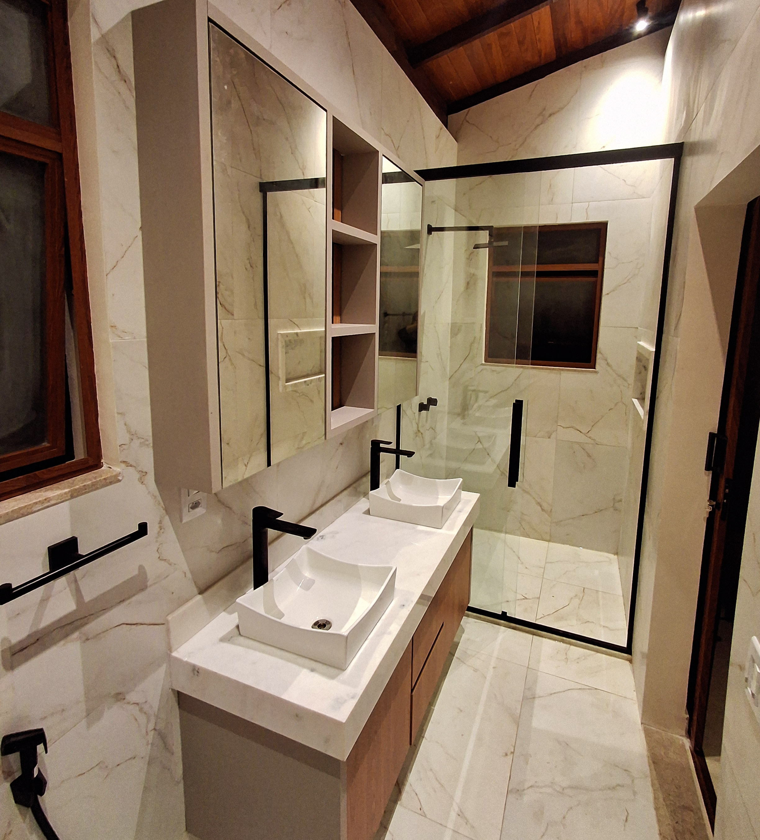 Luxury master bathroom with marble finishes